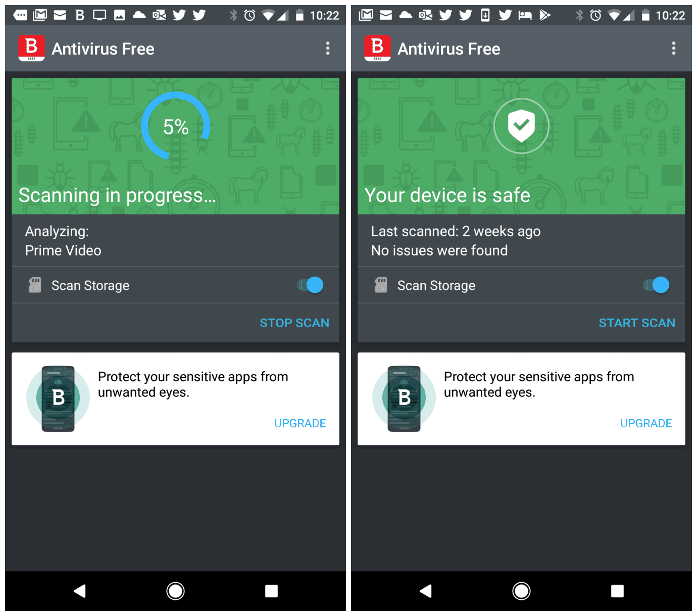 Скриншот запуска антивирусного сканирования Android