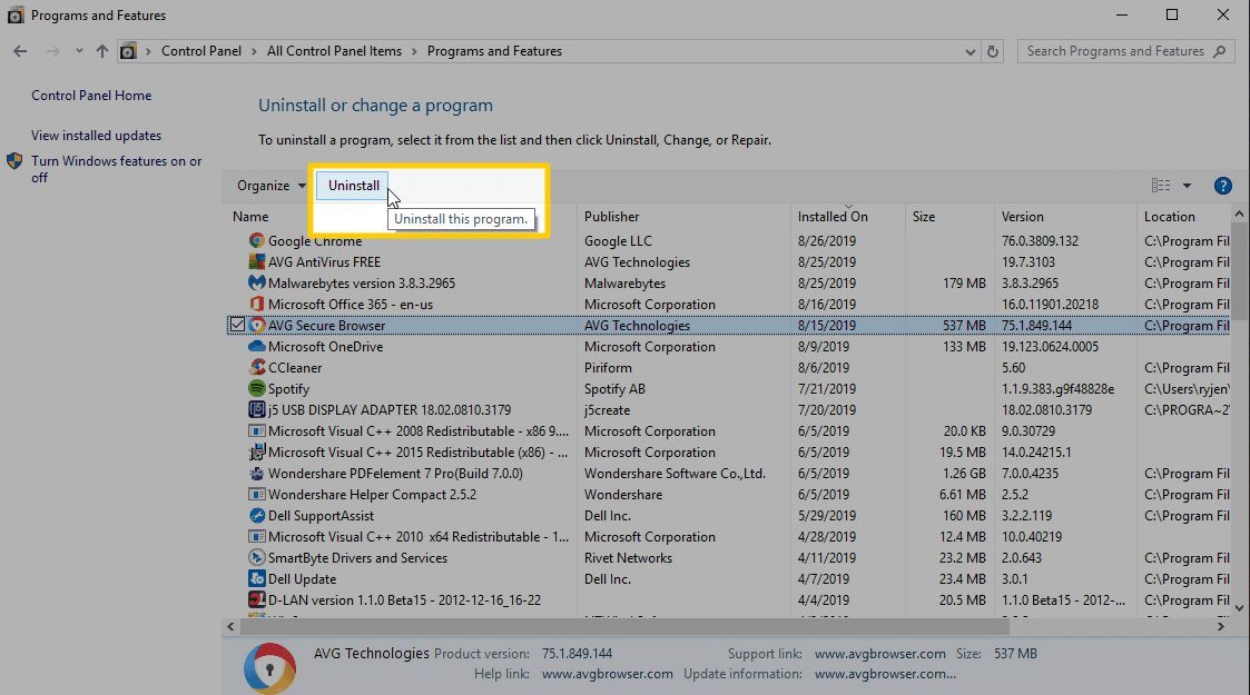 Снимок экрана удаления нового программного обеспечения в Windows