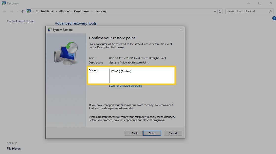 Снимок экрана завершения восстановления системы Windows
