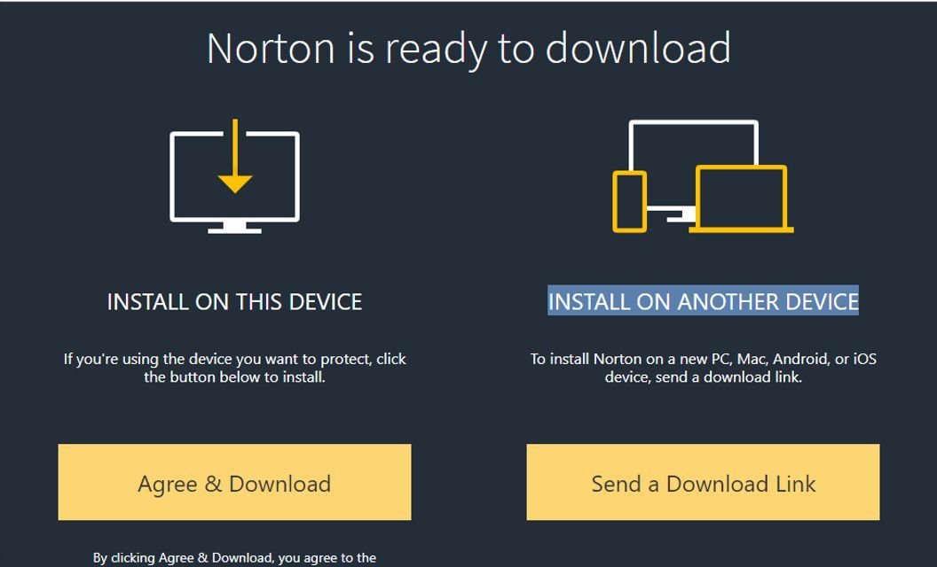 Снимок экрана со страницей соглашения о загрузке Norton