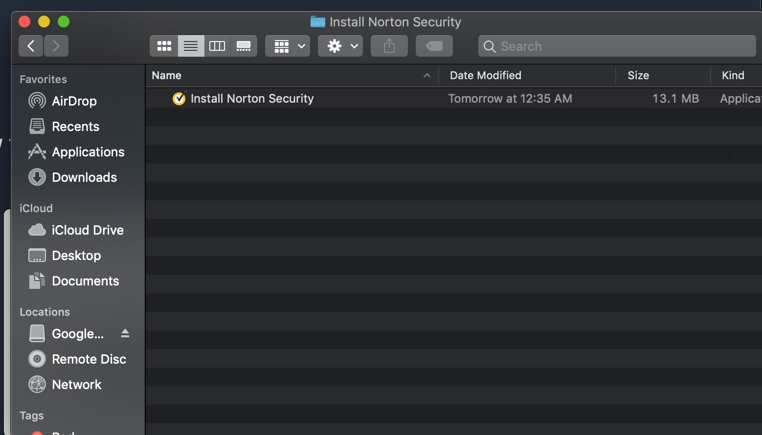 Снимок экрана папки установки Norton Security в macOS