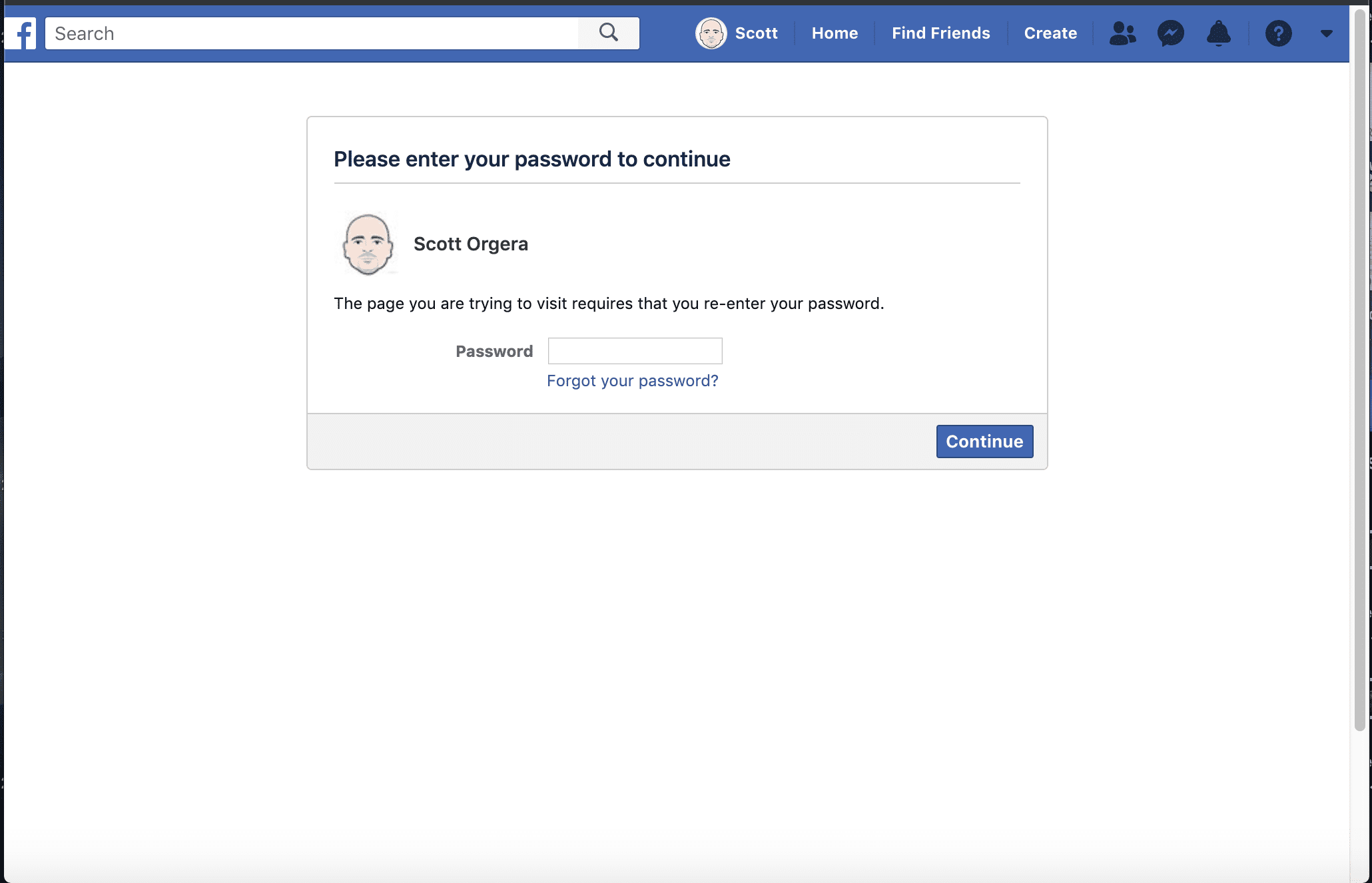 снимок экрана с запросом пароля учетной записи Facebook