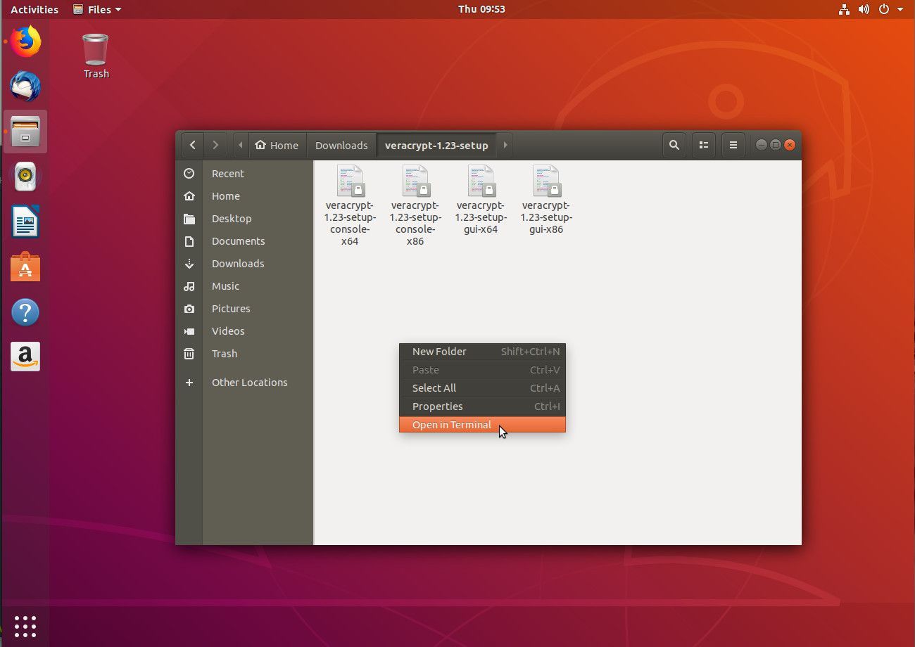 Скриншот открытия терминала из файлового менеджера Linux.