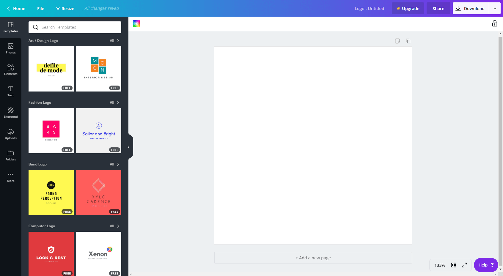 Canva's design screen showing a blank logo template ready for use