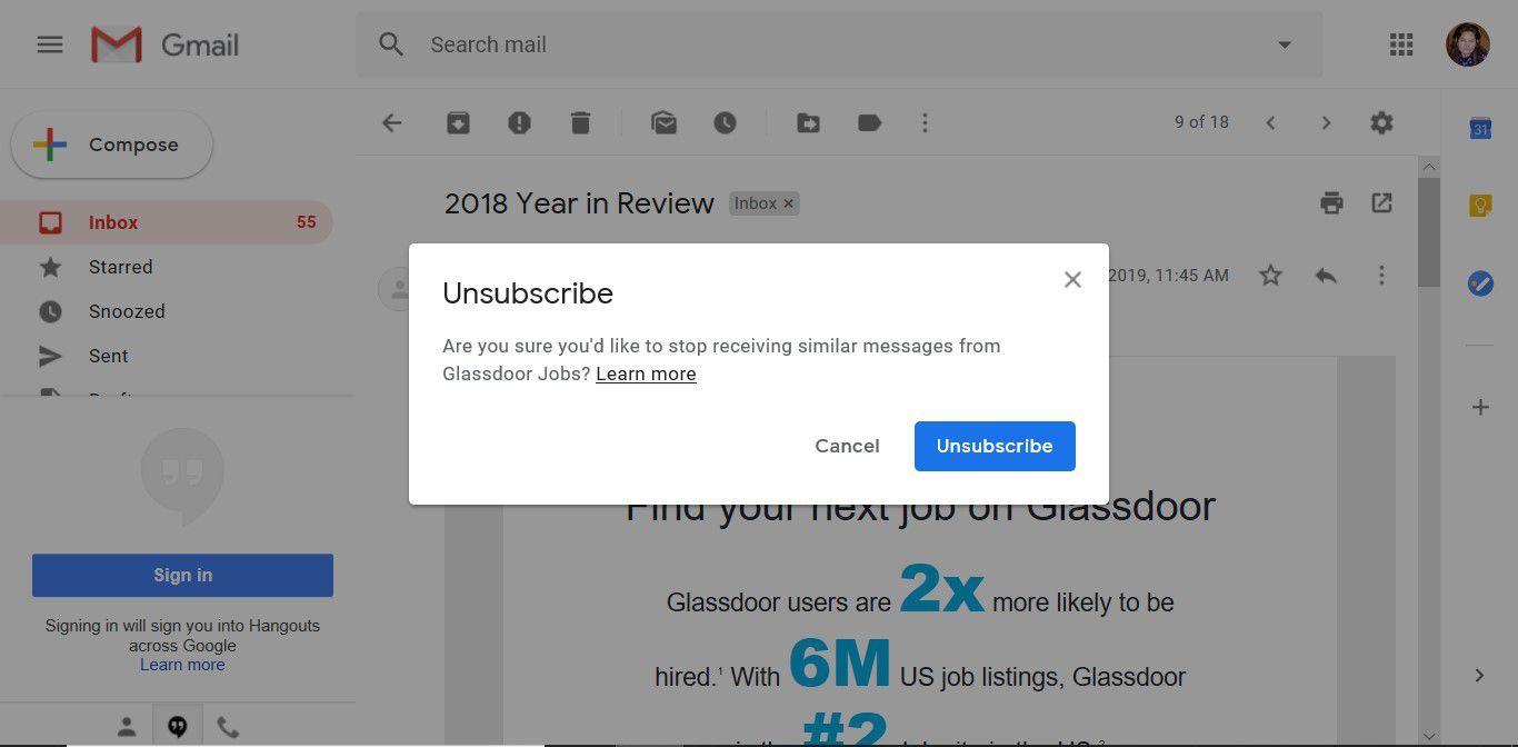 Уведомление о подтверждении отмены подписки, отображаемое по ссылке отмены подписки Gmail