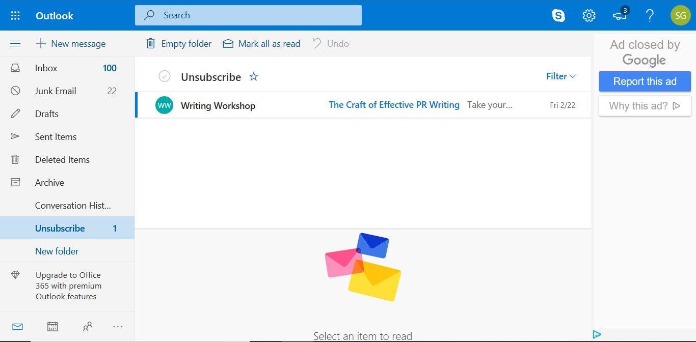 Папка отмены подписки, добавленная на Outlook.com пользователем Unsubscriber