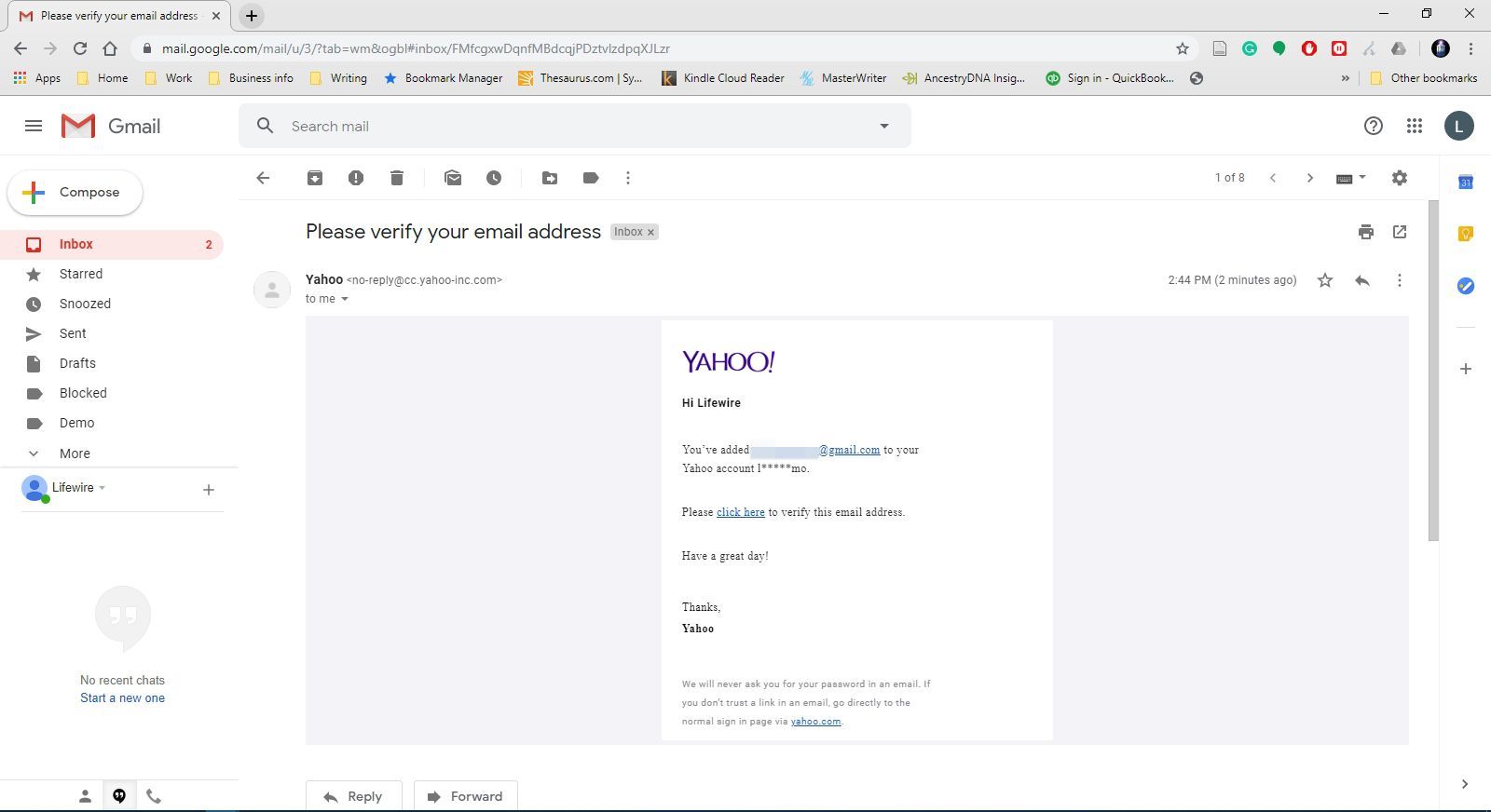 Образец электронного письма от Yahoo Mail.