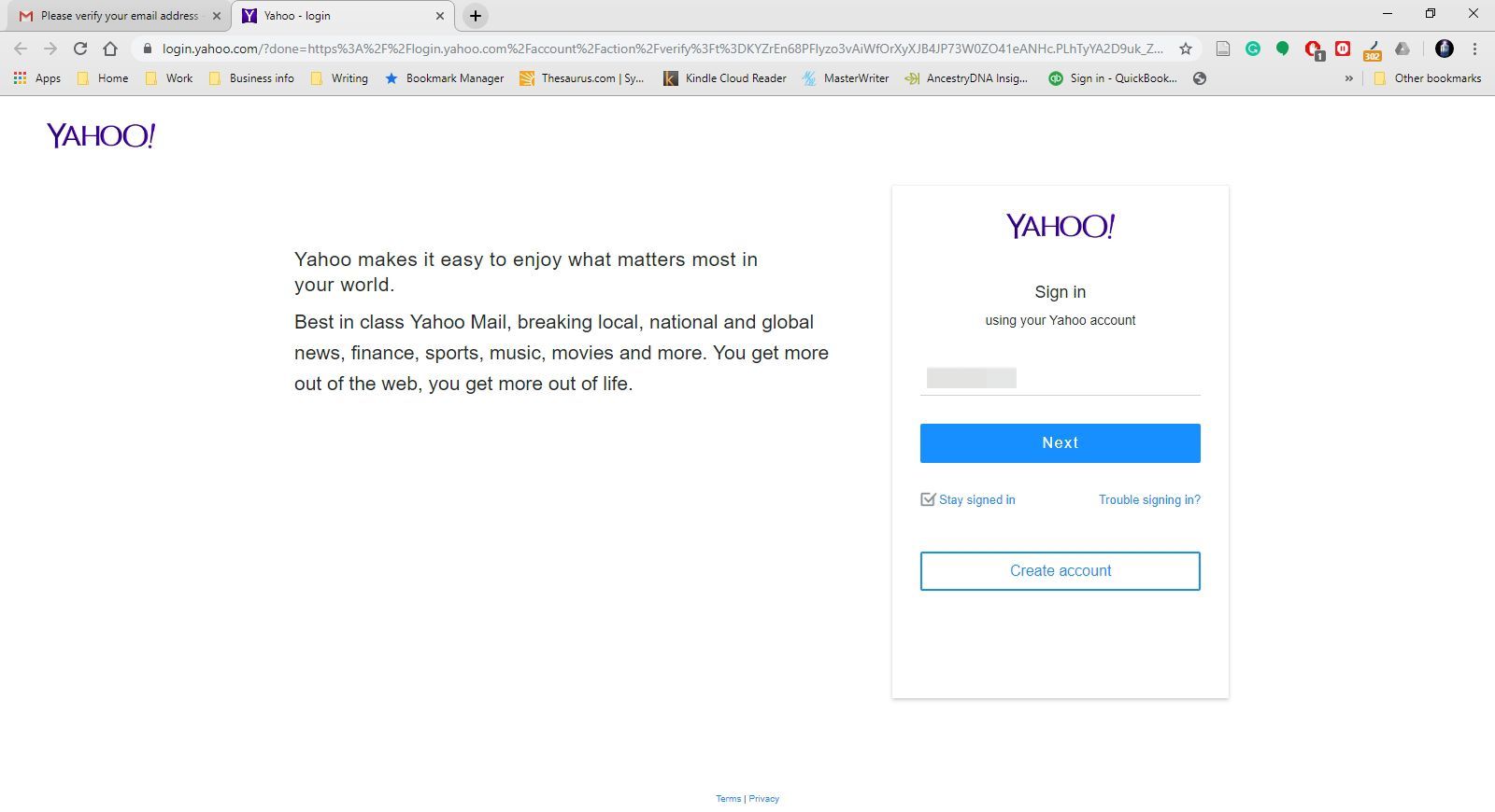 Страница входа в Yahoo Mail.