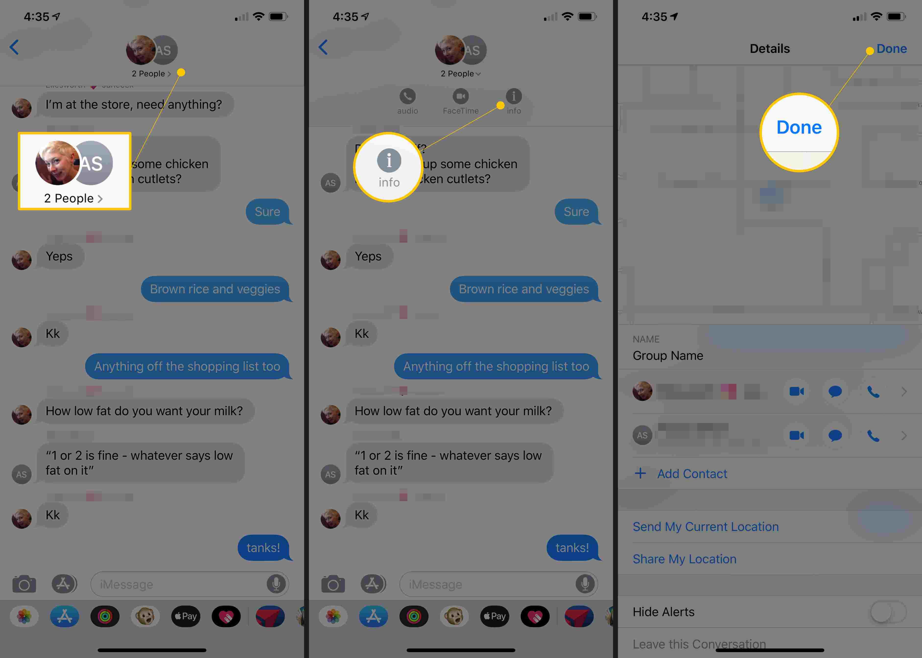 Три экрана сообщений iOS с кнопками «Группа», «Информация» и «Готово»
