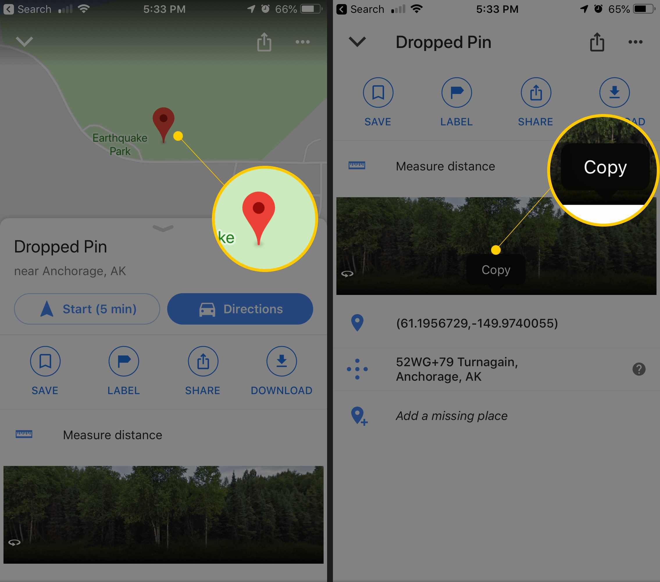 Два экрана iOS с упавшим пин-кодом и кнопкой копирования координат в приложении Google Maps