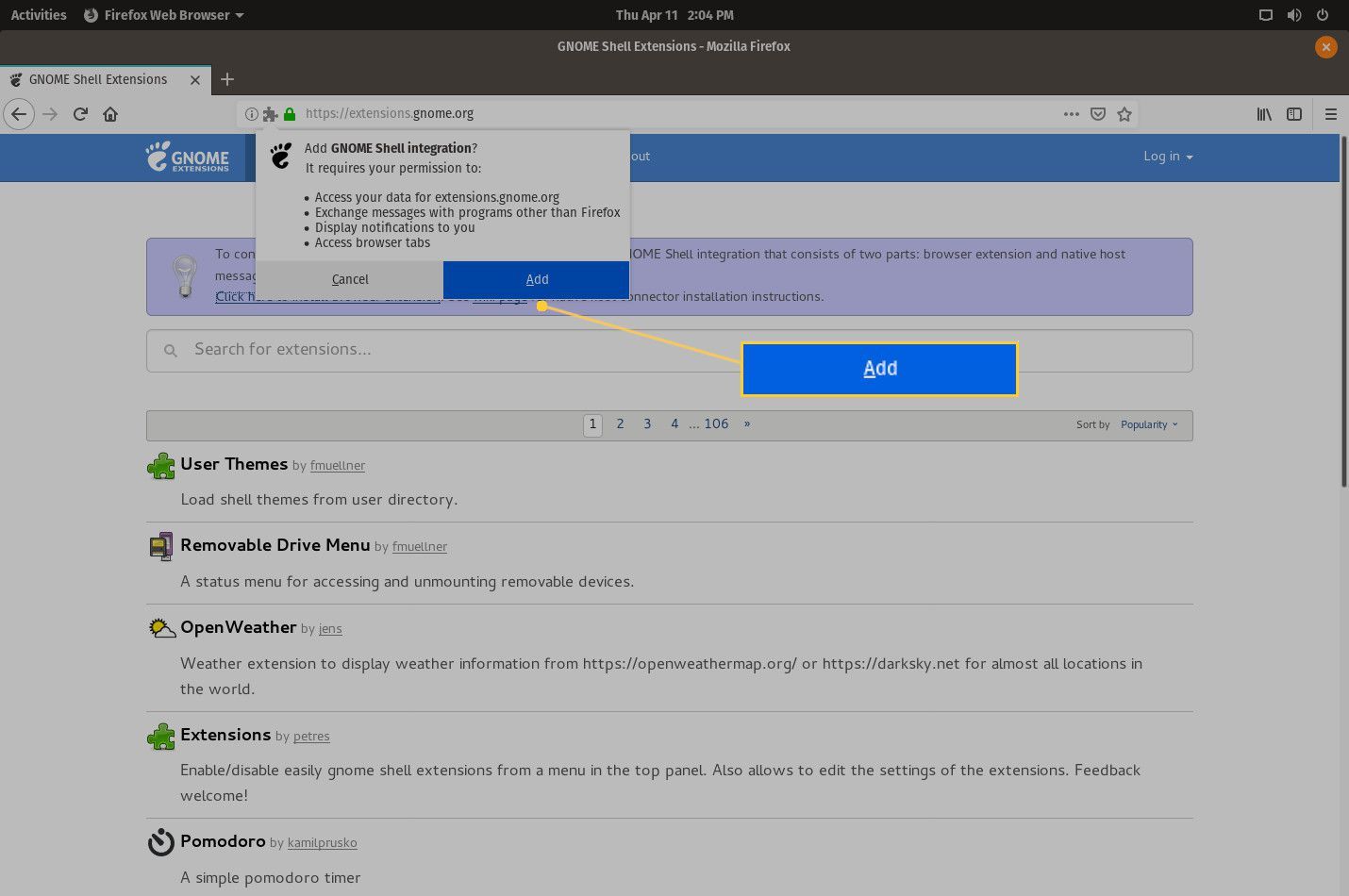 Снимок экрана: разрешение Firefox для интеграции с GNOME Shell.