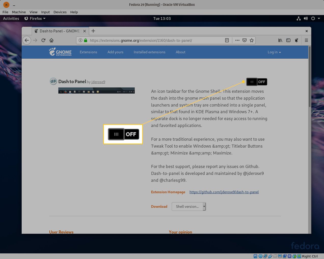 Скриншот включения расширения Dash to Panel.