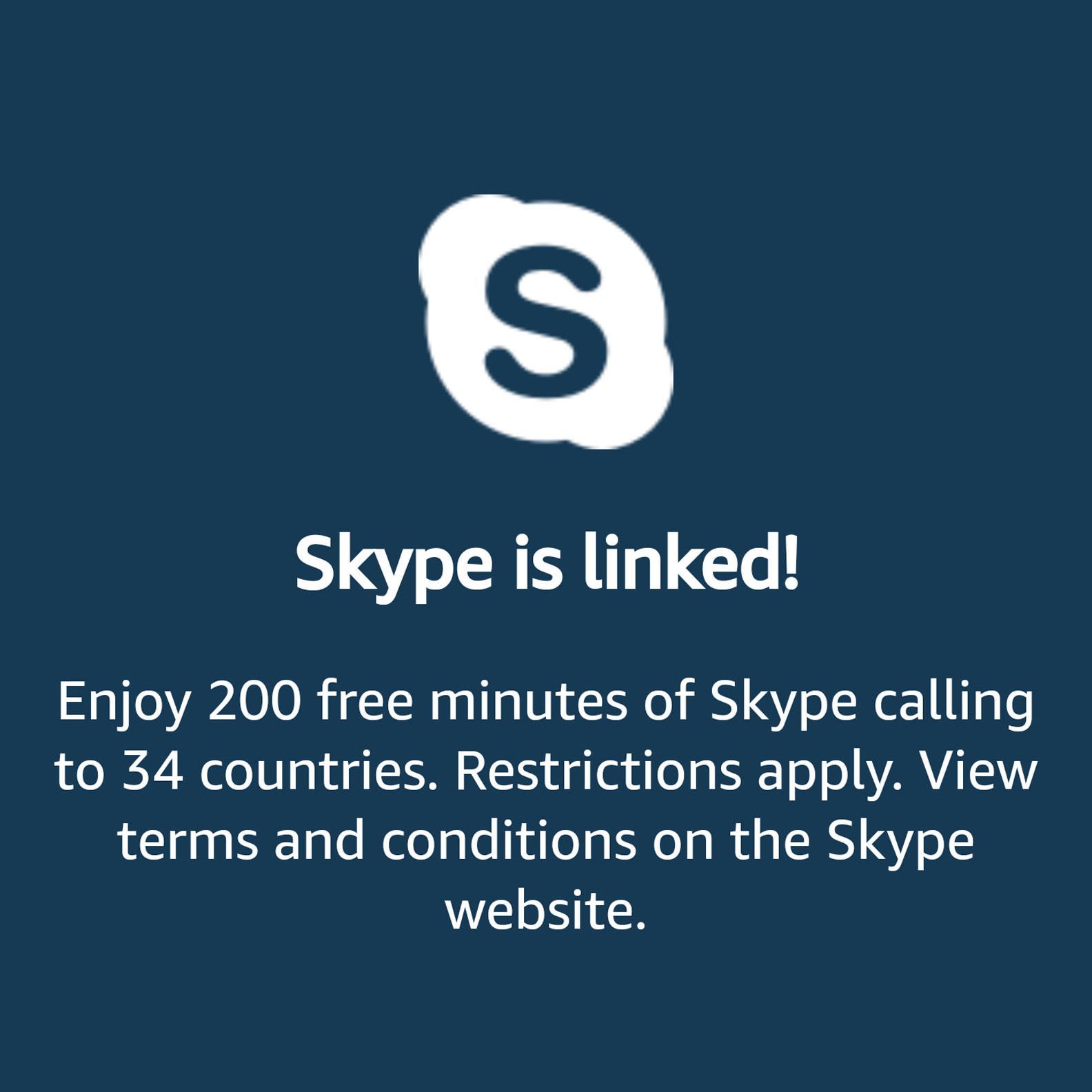 В приложении Amazon Alexa отображается экран с сообщением о том, что пользователь завершил вход в Skype.