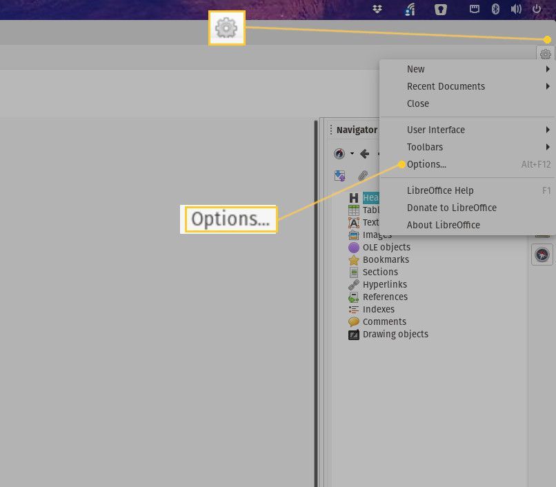 Снимок открытия окна опций LibreOffice.