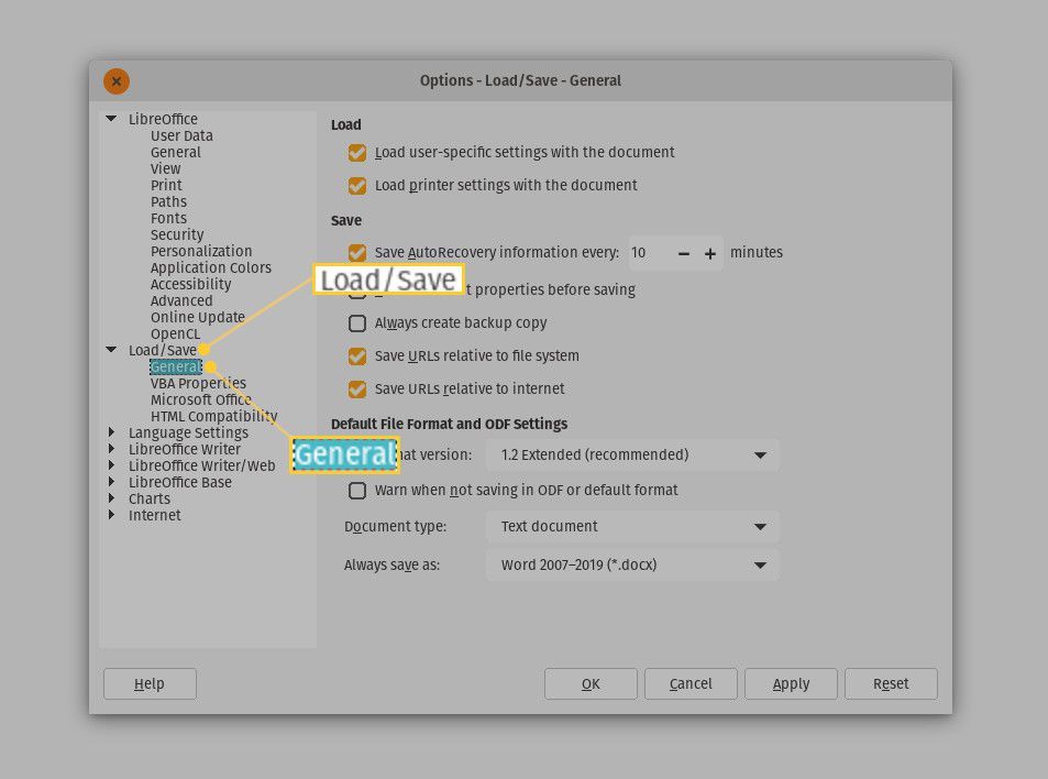 Снимок экрана: окно параметров LibreOffice.