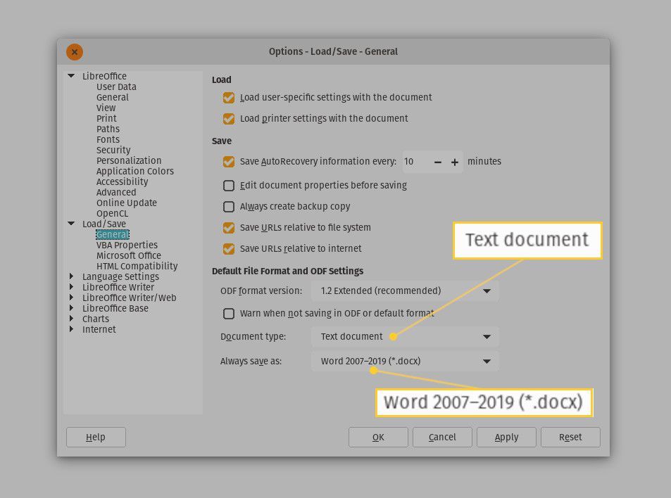 Снимок экрана настройки по умолчанию для LibreOffice Writer.