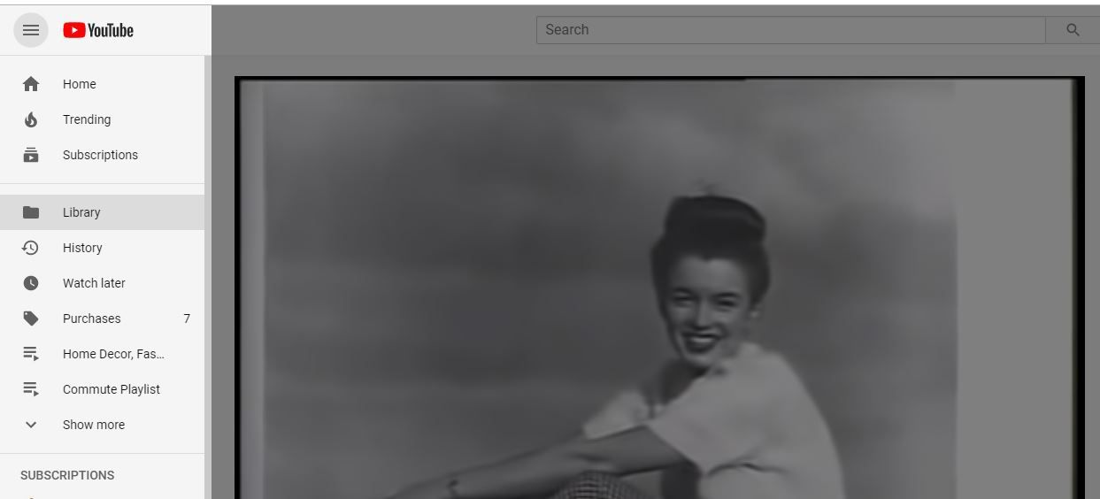 Снимок экрана библиотеки в меню YouTube