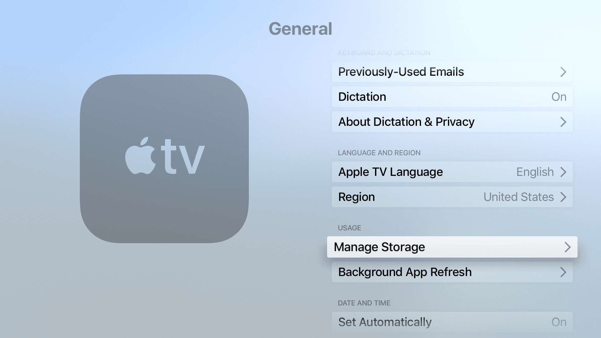 снимок экрана управления хранилищем Apple TV