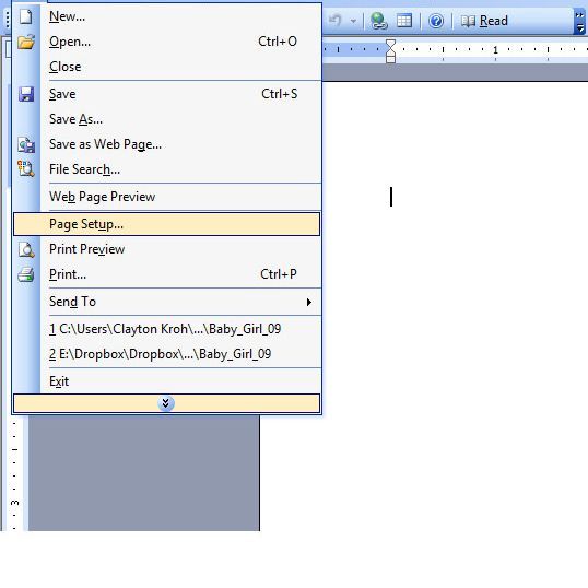 Меню Microsoft Word 2003, показывающее выбор параметров страницы.