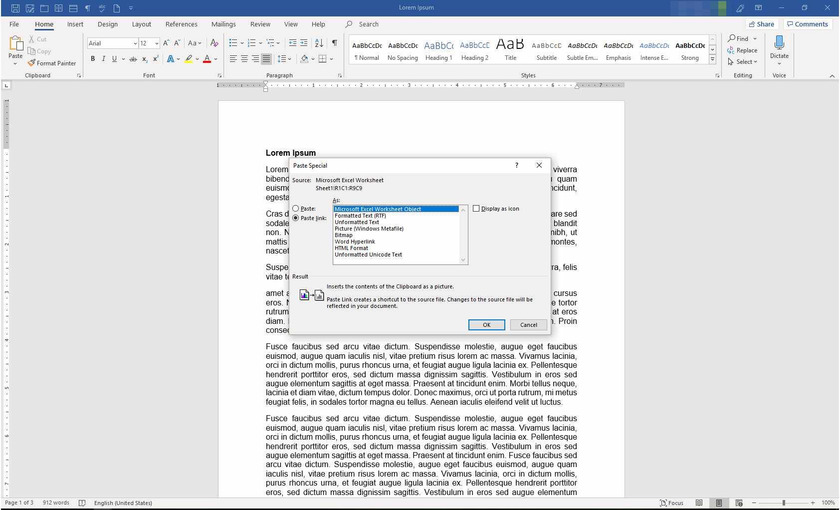 Документ MS Word с диалоговым окном «Специальная вставка»