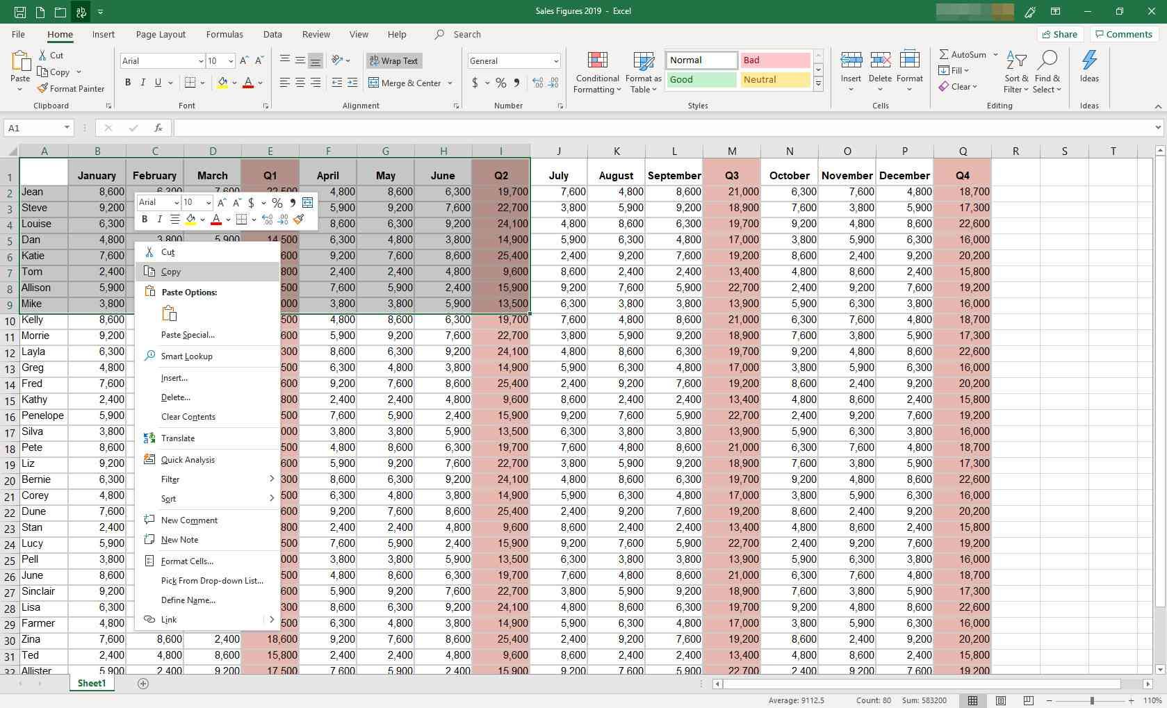 Электронная таблица MS Excel с выделением некоторых данных и отображением меню форматирования