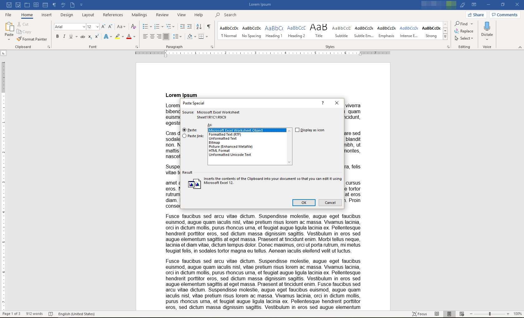Документ MS Word с диалоговым окном «Специальная вставка»