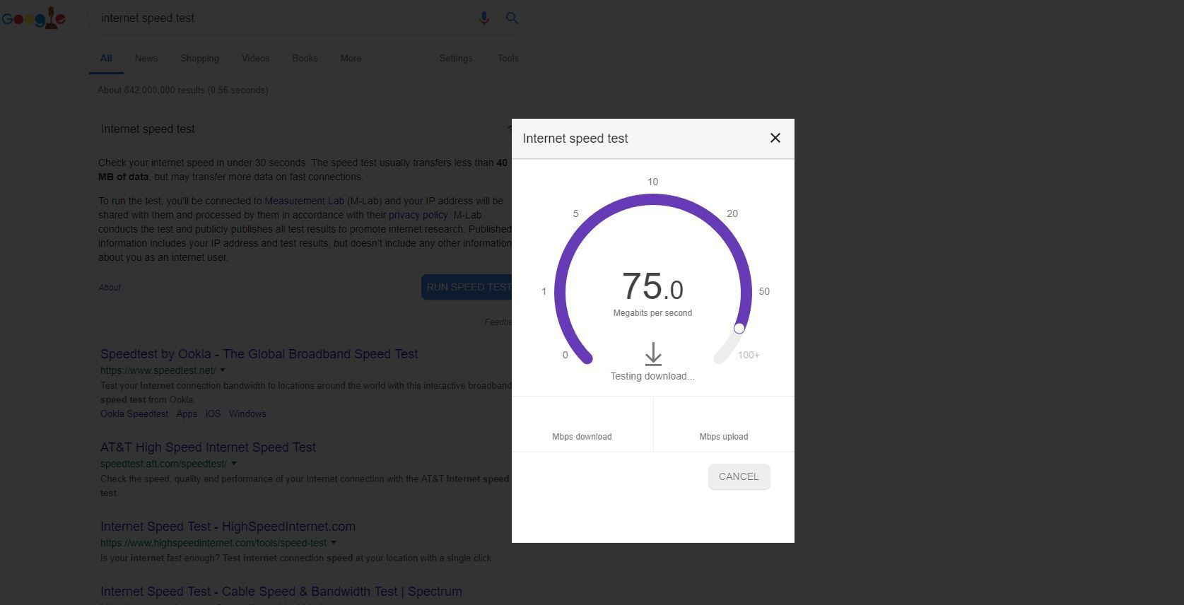 Скриншот теста скорости интернета